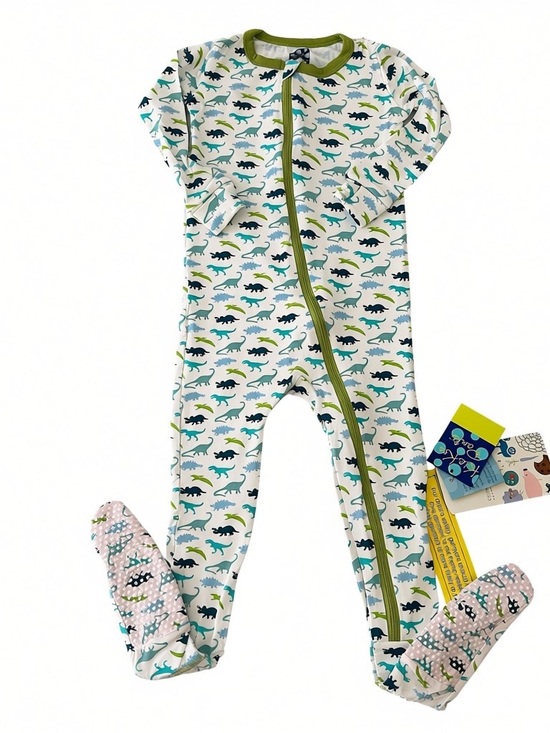 Kickee Pants Other - NWT Kickee Pants Bamboo White Green Blue Dinosaur Print Zipper Footed Pajamas